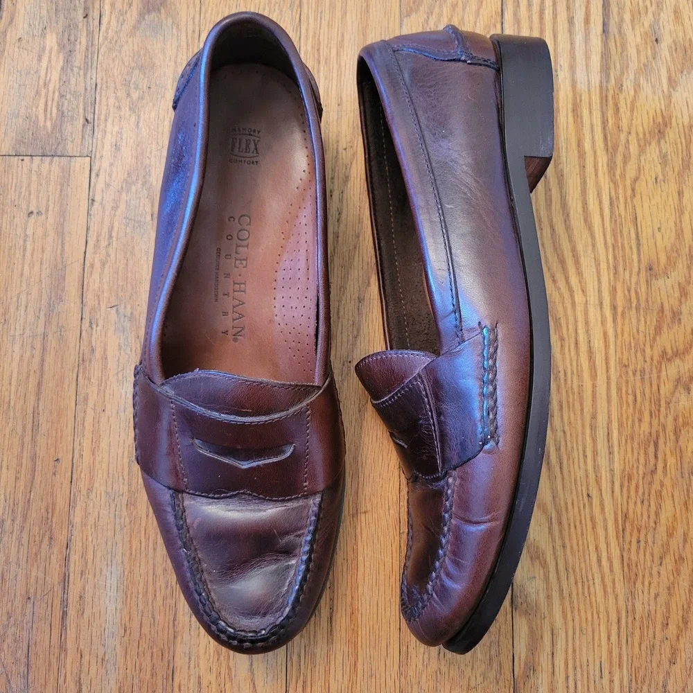 Cole Haan 10.5 Penny Loafers Brown Leather Handsewn Memory Flex COUNTRY Academia